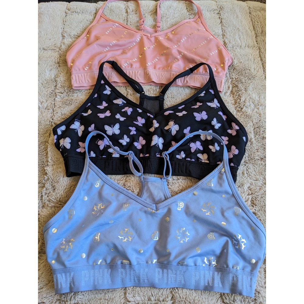 VS PINK Active Sports Bra Lot of 3 Butterfly Snowflake Love Pink Size Large